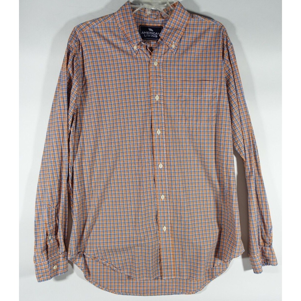 American Living Shirt Men Large Button Down Orange Blue Check Chest Pocket